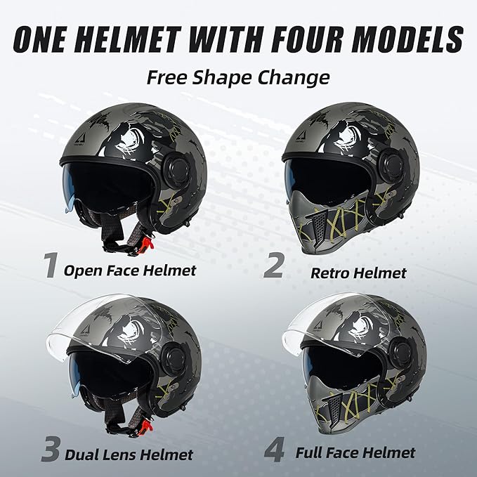 TRIANGLE Full Face Motorcycle Helmets,Off-Road Motocross Helmet for Men & Women,Dual Visor with Internal Tinted Sunshield,Open Face 3/4 Adult Racing Helmet DOT Approved(XXL)