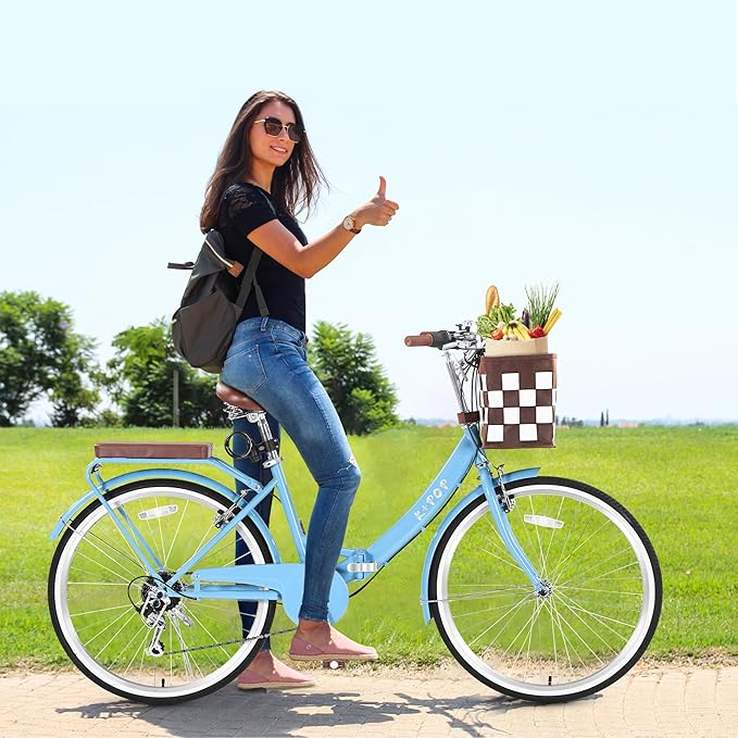 24/26 Inch Foldable Beach Cruiser Bike for Women, 7 Speed Folding Bikes for Adults, Womens City Bike with Basket & Adjustable Seat, Step Through Commute Bikes for Women Adults