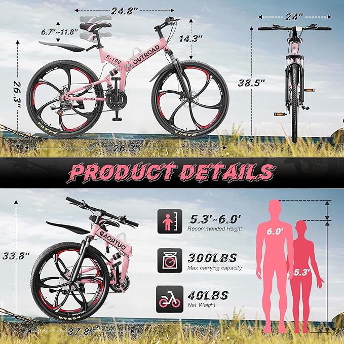 26" Foldable MTB – 21-Speed Full Suspension, High-Carbon Steel Frame, Dual Disc Brakes & Quick-Release Tires – Adults & Teens (Multiple Colors)