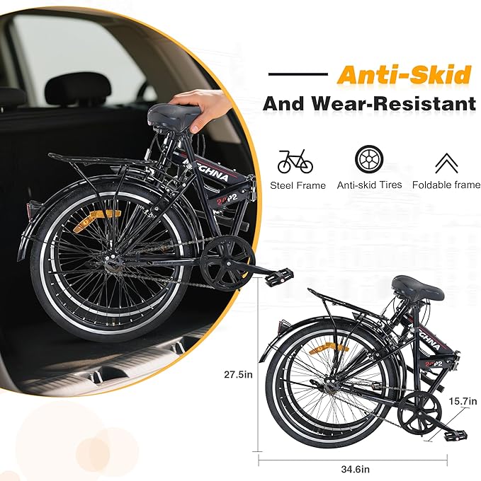 24" Folding City Bikes Steel Frame 7 Speed Folding Bikes,Lightweight Folding Bikes，Folding Commuter Bike for Adults/Men/Student，Bike with Rear Rack，Adjustable Stem，3 Colors