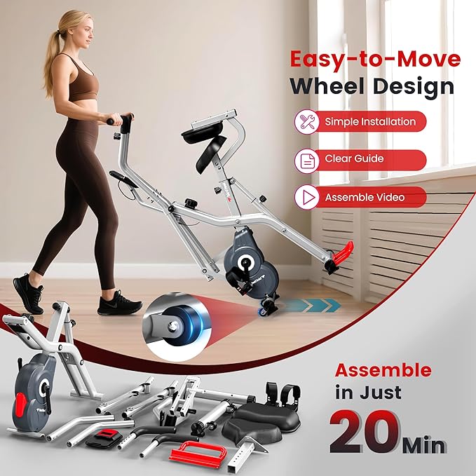 Foldable Exercise Bike, Multifunctional Indoor Stationary Bikes for Home with 8-Level Magnetic Resistance, Quiet Workout Bike with Arm Resistance Bands, LCD Monitor, 300LBS Capacity
