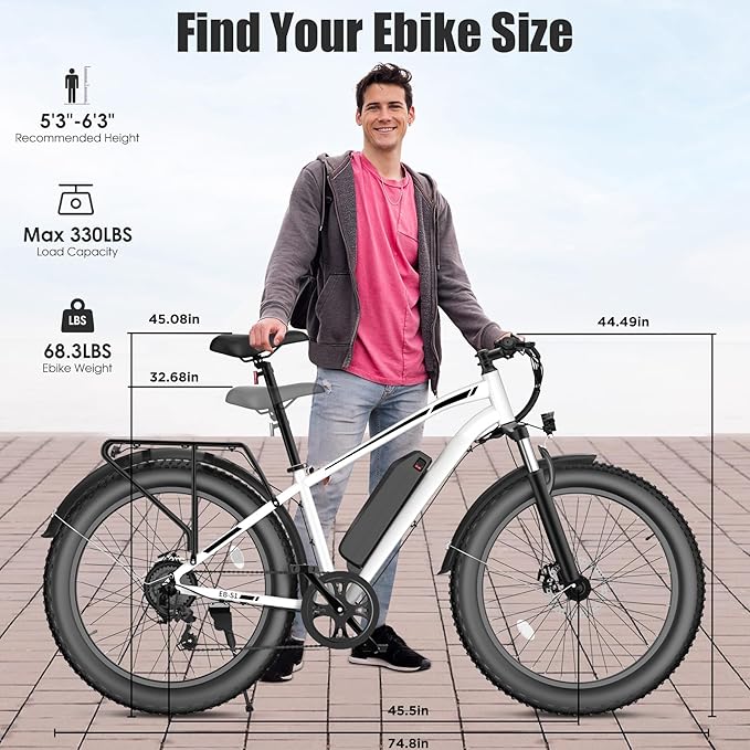 Electric Bike for Adults, 1000W Peak 25MPH 60Miles Ebike,48V 13AH Battery Electric Mountain Bike, 26" x 4'' Fat Tire Electric Bicycle with Rear Rack, Fenders, 7 Speed, UL 2849 Certified