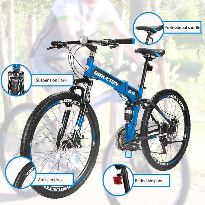 26" Folding Mountain Bike,21 Speed Full Suspension Foldable Bikes,Dual Disc Brakes Bicycle for Adults