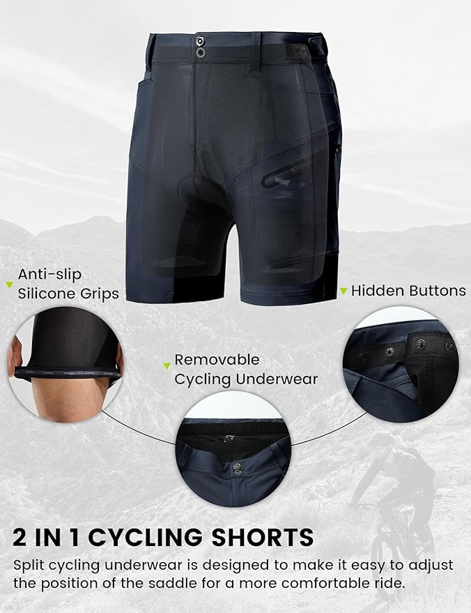 Nepest Mens Mountain Bike Shorts 3D Padded MTB Bicycle Riding Cycling Short Padding Liner Baggy Quick Dry,Zip Pockets