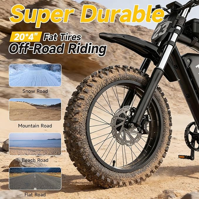 Electric Dirt Bike for Adults - Peak 1500W/3000W Electric Bikes, 48V/52V 15.6Ah/25Ah/40Ah, 50-100 Mile Range(PAS Mode), 16/20 Inch All-Terrain Fat Tire Motorcycle