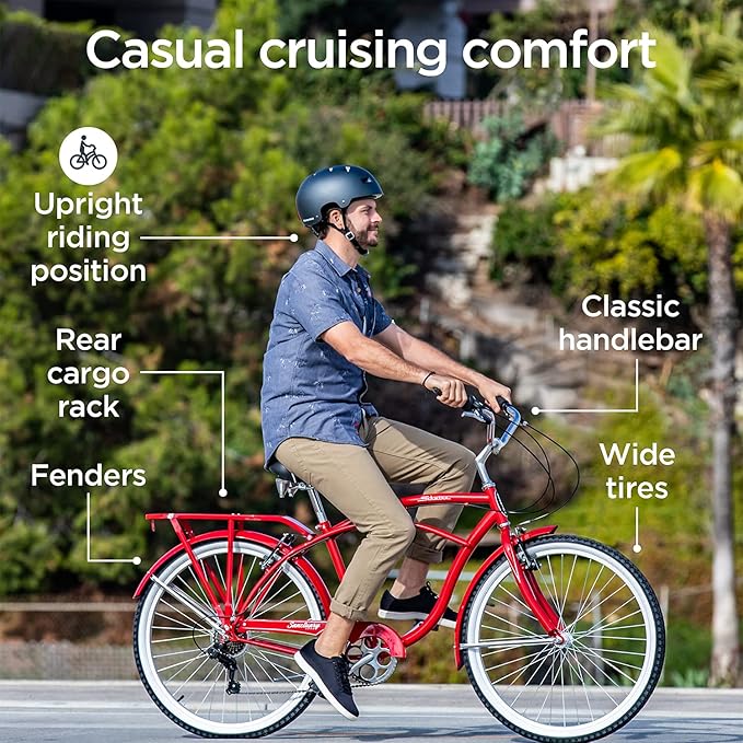 Schwinn Sanctuary 7 Cruiser Bike, 26 Inch Bike for Women and Men, 7-Speed Beach Cruiser Bicycle, Linear Pull Brakes, Comfortable Padded Seat, Upright Riding Position, Adult Bicycle