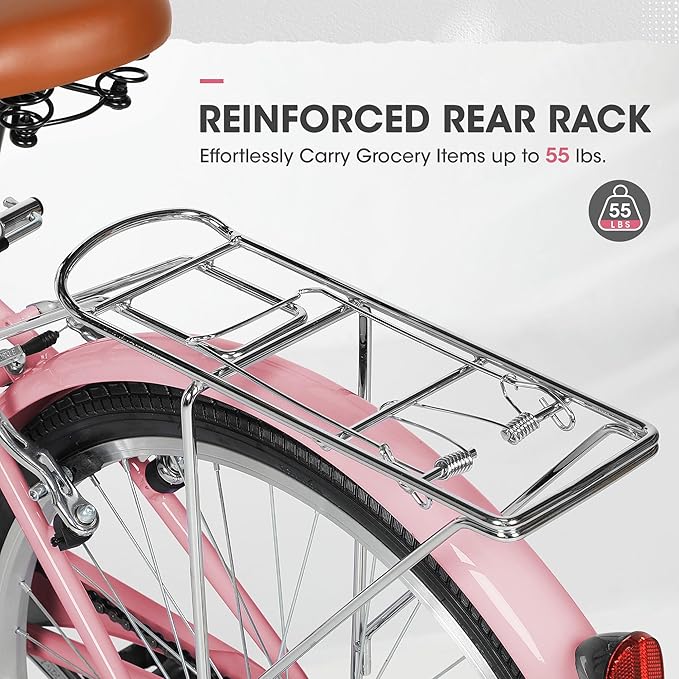 Outroad Beach Cruiser Bike, 24/26 inch Commuter Bicycle for Adult and Women,High-Carbon Steel Comfortable City Bikes with Rear Rack and Basket, (Black/Pink/White/Green/Purple)