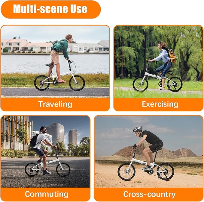 20-Inch Folding Bike, Foldable Bike for Adults Adjustable Seat Height & Elevable Handlebars Store in The Trunk 7-Gear Transmission Front and Rear Disc Brakes for Traveling