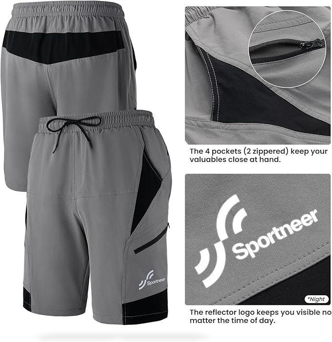 Sportneer Bike Shorts for Men: 3D Padded Lightweight Riding Biking Cycling Mountain Bike Shorts for Men with Zipper Pockets