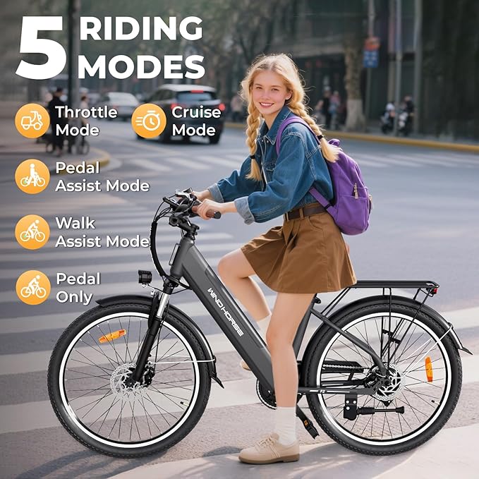 WINDHORSE 26" Electric Bike for Adults 20MPH & 30-50 Miles Range, Shimano 7-Speed, 468WH Removable Battery Commuter Ebike with 750W Peak Motor, Front Suspension, Rear Rack, Fenders, UL2849 Certified