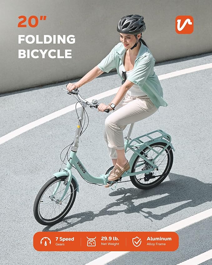 VIRIBUS Folding Bike, 20 inch Lightweight Foldable Bike for Adults 7 Speed with Aluminum Frame, Basket & Rear Rack, Step Through Collapsible Bike for Women Men Seniors City Commuter