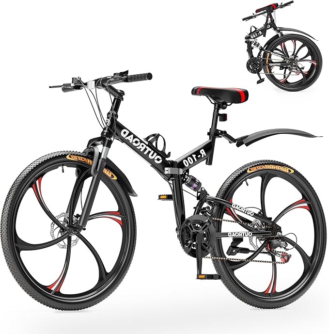 Betterland 26 Inch Mountain Bike, 21 Speeds Full Suspension Folding Bikes, Dual Disc Brake, High Carbon Steel Frame and Non-Slip Quick Release tire Bicycle for Adult