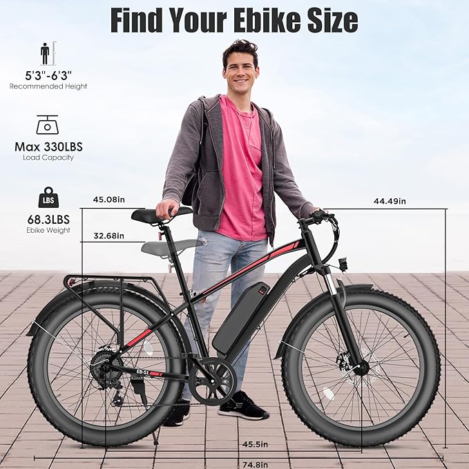 Electric Bike for Adults, 1000W Peak 25MPH 60Miles Ebike,48V 13AH Battery Electric Mountain Bike, 26" x 4'' Fat Tire Electric Bicycle with Rear Rack, Fenders, 7 Speed, UL 2849 Certified