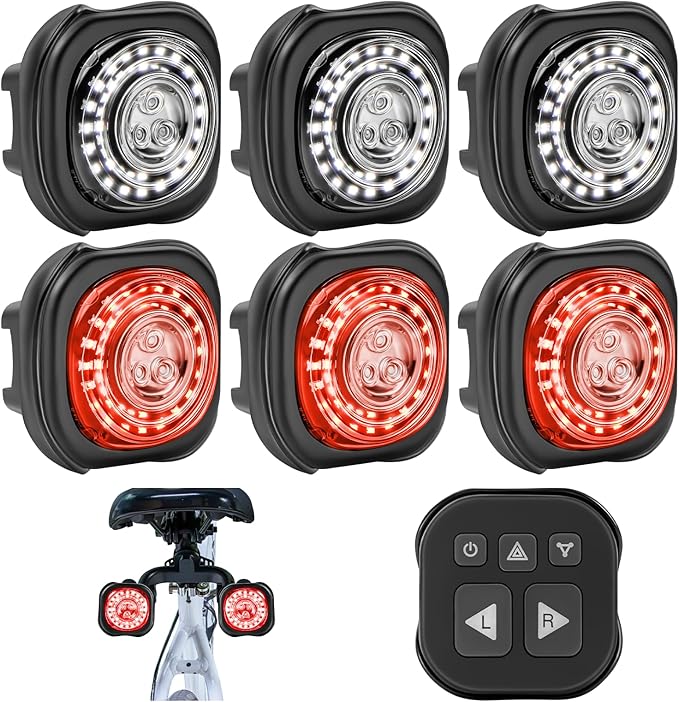 Smart Bike Lights System-Taillight,Headlight&Turn Signal,Sync Front&Rear Bike Light for Night Riding,3+2+1 Light Modes Rechargeable Bicycle Light with Remote Controller,IP67 Waterproof Day/Night Mode