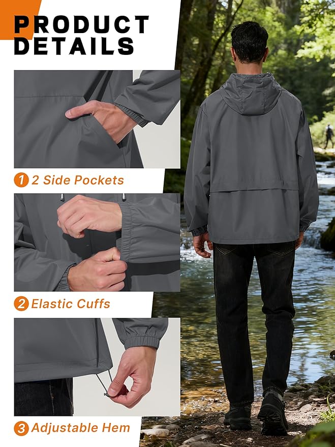 Men's Rain Jacket Waterproof Windbreaker Raincoat Cycling Running Hiking Golf Travel Gear Hood Lightweight Packable