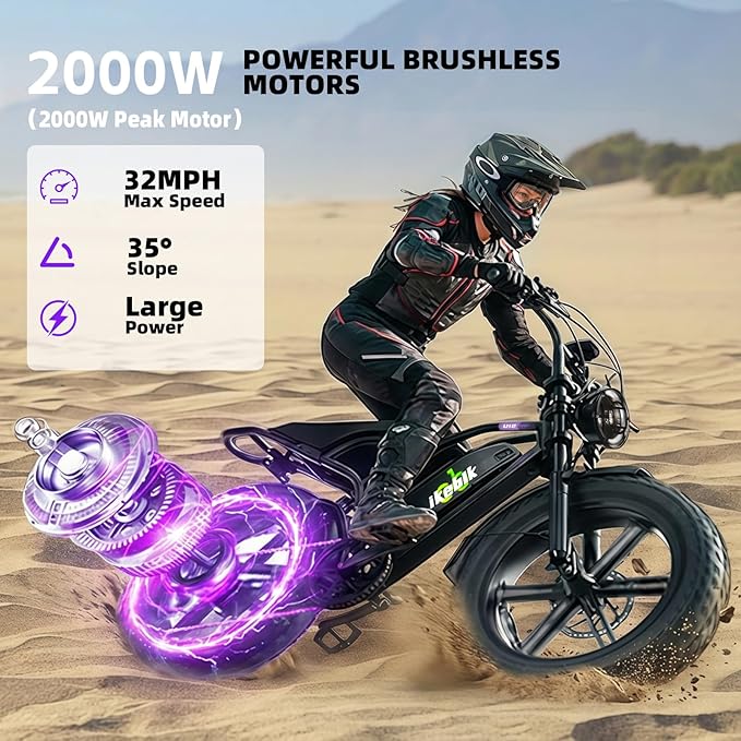 Likebike U12 Electric Bike for Adults, 2000W Peak 32MPH 20" Fat Tire Ebike, 20Ah Removable Battery 7-Speed Gear Full Suspension Mountain Bike Off Road Hydraulic Disc Brake