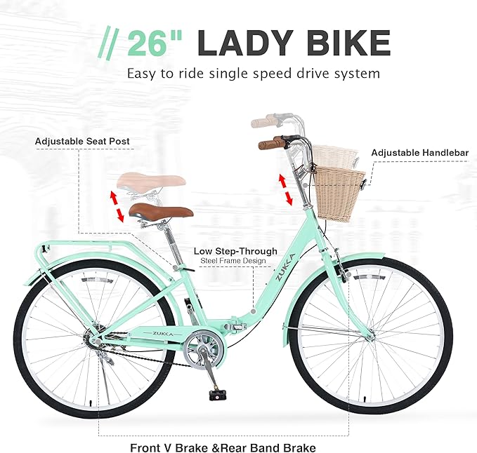 24/26 Inch Folding Girls/Womens Cruiser Bike，1-Speed Foldable Hybrid City Bicycle with Dual Brakes,Basket & Rear Rack，Adjustable Seat Post&Handlebar，3 Colors