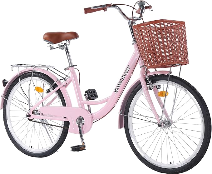 24/26 Inch Adult Comfort Bike for Women, Women Commuter Bicycle Single Speed with Rear Rack and Basket, Comfortable City Bikes Ergonomic Upright Design for Women, Men and Teens