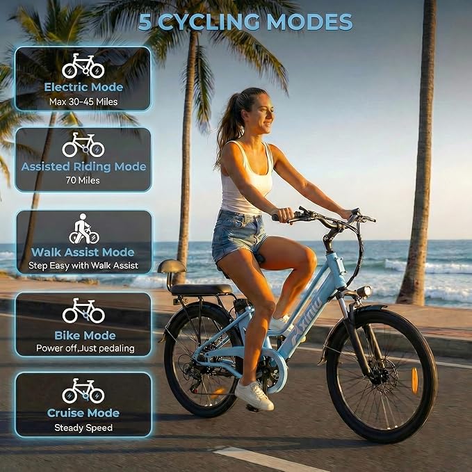 24 Inch Electric Bike for Adults, Step Through Ebike for Women, Peak 1000W Motor 22MPH, 48V 20AH Removable Battery Up to 70 Miles, 7 Speed Dual Shock Absorber, City Cruiser Commuter Bicycle