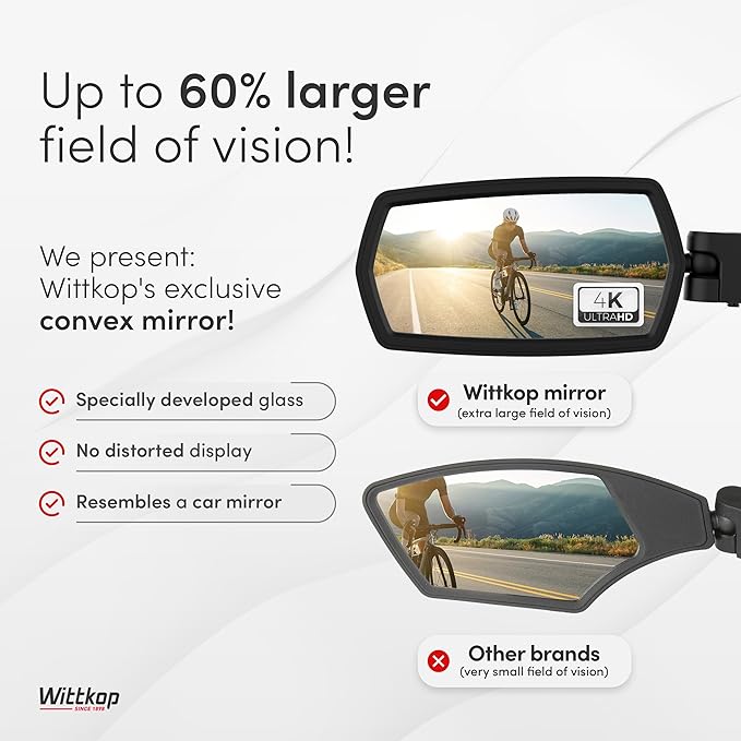 WITTKOP Bike mirror | Large HD field of vision | 360° rotatable & foldable | Mounting above & below | Break-proof & durable | ebike accessories, bike mirror handlebar mount, bicycle mirrors