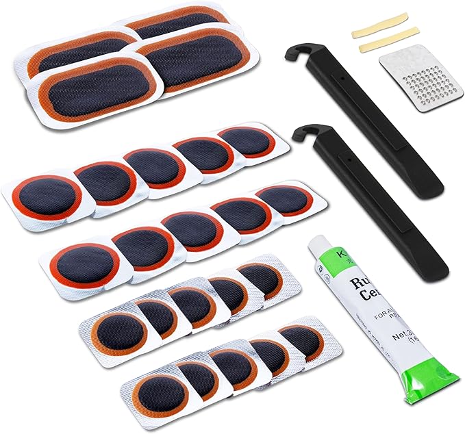 Mobi Lock 24Pcs Bike Patch Kit - Bicycle Tire Inner Tube Repair Kit with Vulcanizing Fluid/Rubber Cement, Patches, Metal Rasp, Levers - for All Types of Bikes, BMX, E-Scooters
