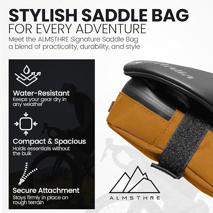 ALMSTHRE Signature Bike Saddle Bag – California Gold | 0.5L Bike Seat Bag (3" x 5.25" x 2") | Water-Resistant Ripstop, Waterproof Zipper, Internal Pocket | Durable Under Seat Storage