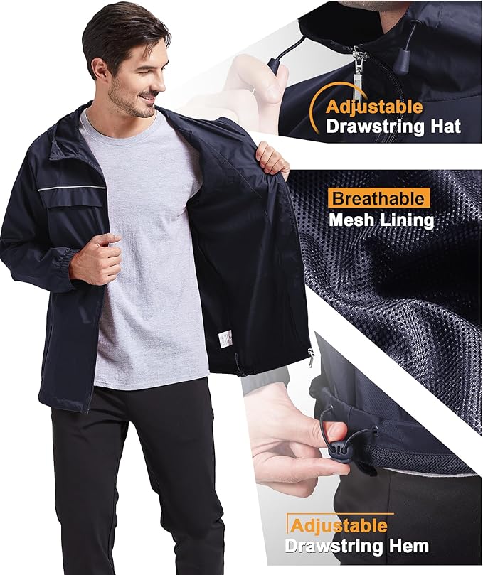 GEEK LIGHTING Rain Jacket Men Lightweight Waterproof Jackets Packable Windbreaker Hooded Raincoat for Golf Cycling Outdoor