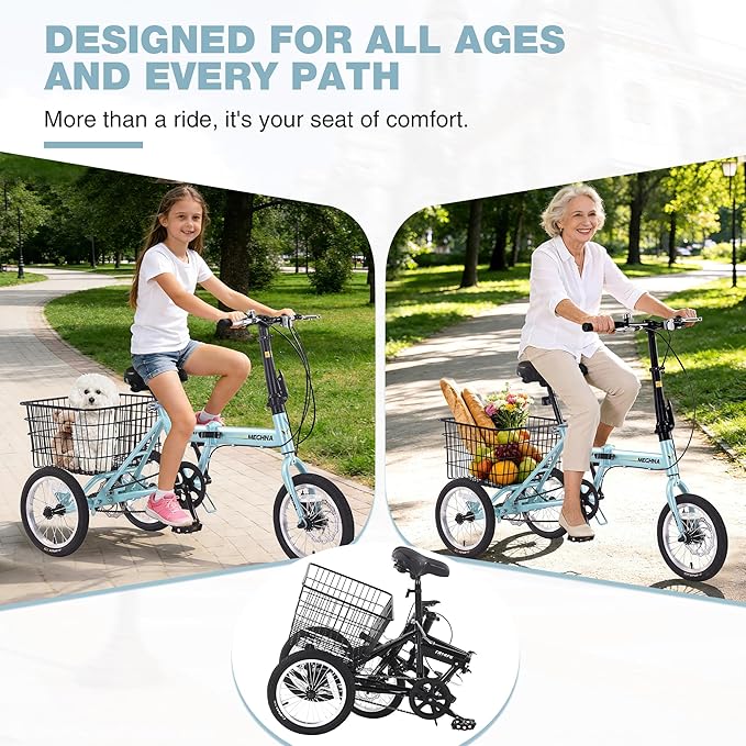 14 inch Folding Tricycle Dual Disc Brake Three Wheel Cruiser Bike Large Capacity for Adult
