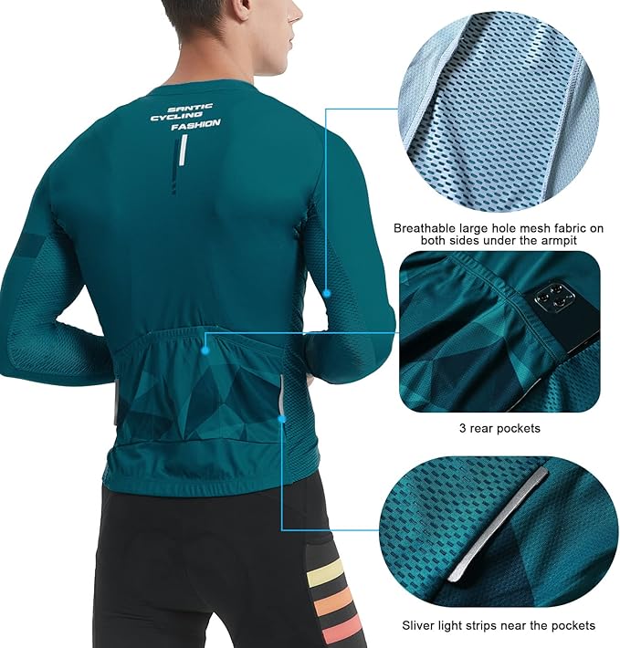 Santic Cycling Jersey Men's Long Sleeve Bike Reflective Full Zip Bicycle Shirts with Pockets