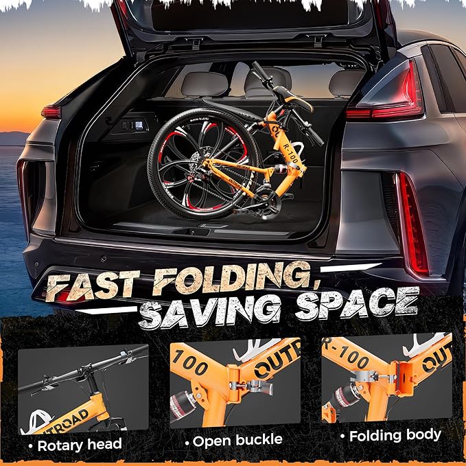 26 Inch Adult Folding Mountain Bike, 21 Speed Foldable Bicycle with Full Suspension, High Carbon Steel Frame, Folding Bikes for Men/Women/Teen, Dual Disc Brake