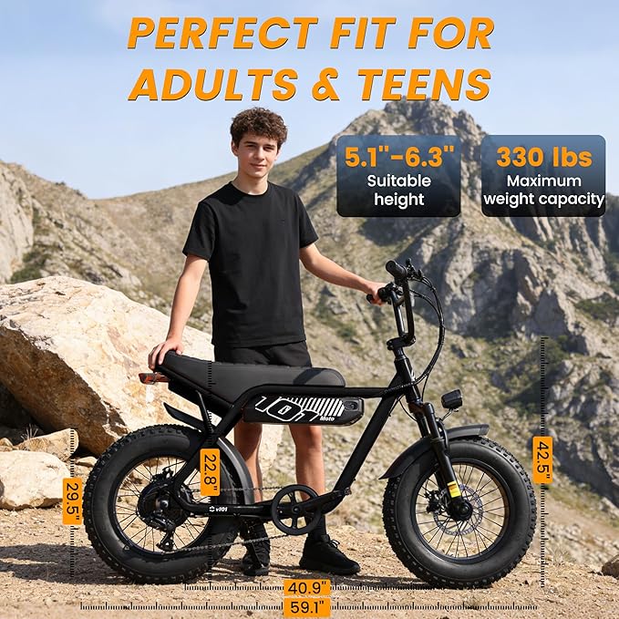 ESKUTE V100 Electric Bike for Adults, Electric Dirt Bike 1500W Peak Motor, All Terrain Dual Suspension E Bike 28MPH Top Speed, Ebike Up to 60 Miles Range, 16" Fat Tire, 48V13Ah Battery, 7-Speed