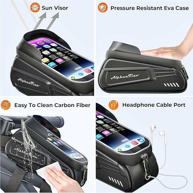 Bike Phone Holder Bag - Waterproof Hard Case Large Capacity Top Tube Front Frame Bicycle Pouch Cycling Mount, Bike Accessories, TPU Touch-Screen & Sun-Visor (Green ZIpper)