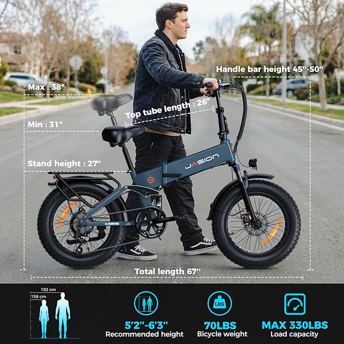 Jasion X Hunter/PRO Electric Bike for Adults,1800W/1400W Peak 20''Fat Tire Foldable Ebike,Folding E Bike Up to 80/70 Miles Range,720/624WH Removable Battery,30 MPH E Bike,Certified by UL2849