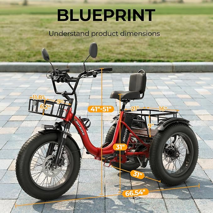 Skeri Electric Tricycle for Adults, 750W(Peak 1350W) Motor Etrike, 20"x4" Folding Fat Tire Electric Trike, 48V13Ah Battery, 3-Wheel Electric Bike, 20MPH, Front & Rear Basket & Differential