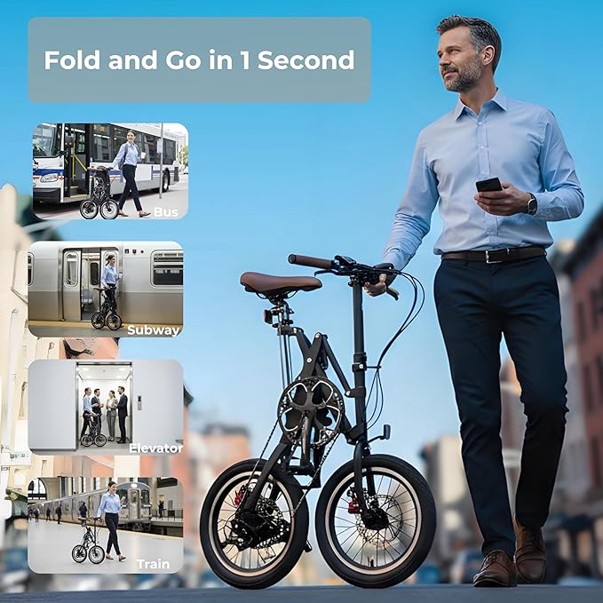 16 Inch Folding Bike for Adults, Instant 1-Second Fold Technology, Lightweight 33lbs Commuter Bicycle, 95% Pre-Assembled, 7-Speed Gear System, Ultimate Space-Saver Foldable Bike for City Travel
