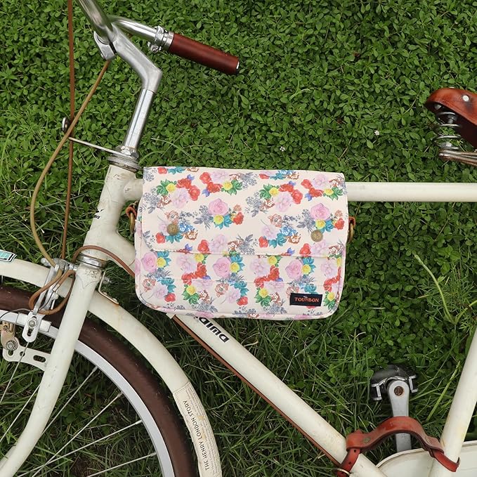 TOURBON Bike Bag Waxed Canvas Bicycle Handlebar Bag Zipper Closure Pouch Crossbar Front Frame Basket Cycling Saddebag Under Seat Strap-on Rear Rack Pannier (White with Flower (type 2))