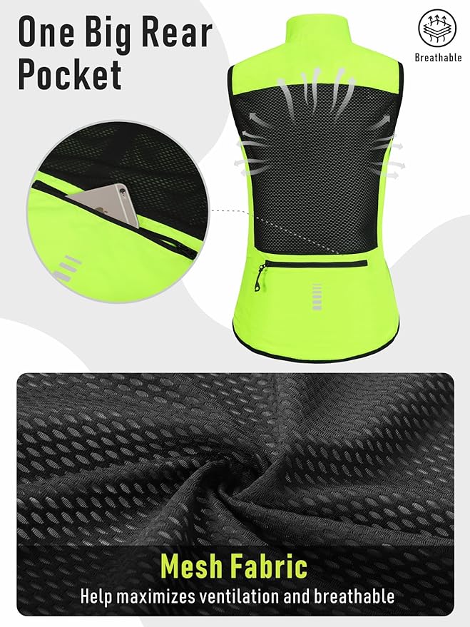 qualidyne Women's Windproof Cycling Vest, Lightweight Full-Zip Breathable Sleeveless Bike Jacket, 1 Back Pocket, Reflective