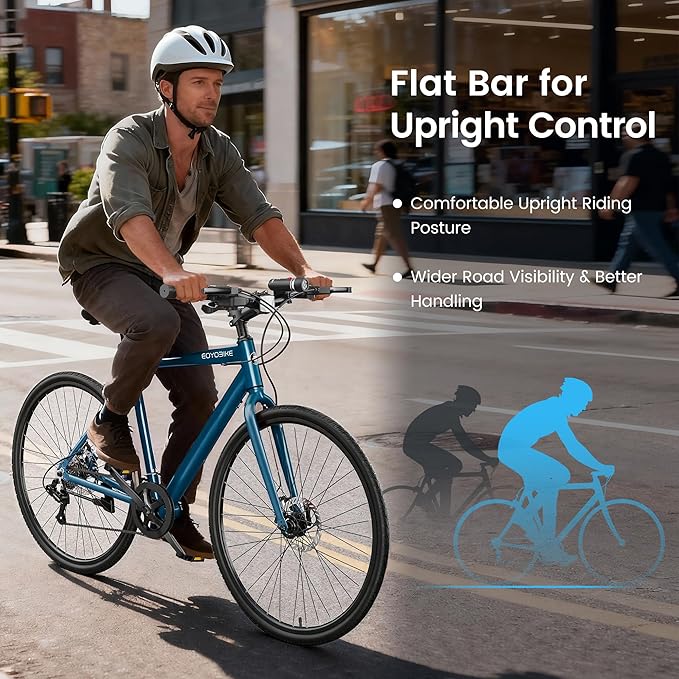 MOPHOTO Hybrid Bike for Adults, 700C City Commuter Bicycle, Lightweight Aluminum Frame, 8-Speed Urban Fitness Bike for Men&Women, Dual Disc Brakes, Upright Flat Handlebar, LED Headlight & Reflectors