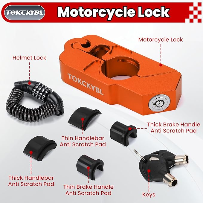 Motorcycle Lock, Heavy Duty Anti Theft Helmet, Brake and Handlebar Lock, Universal for Motorcycles, ATVs, Dirt Bikes, Mopeds，Scooters, Orange