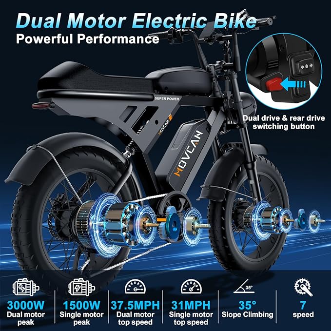MOVCAN V30 Series Electric Bike for Adults, 3000W/1500W/1000W Motor, 20" Fat Tire Ebike, 37.5MPH/32MPH/28MPH, 120/70Miles, 48V 40Ah/31.2/15.6Ah Dual Battery Motorcycle Ebike for Commuting/Off-roading