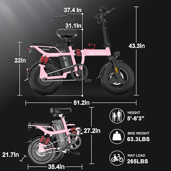 Folding Electric Bike, Peak 800W Motor 25MPH,48V 14Ah Removable Battery 55Miles Ebike,14'' Lightweight Adults Electric Bicycles for Men/Women/Teens,Mini E-Bike,Full Suspension