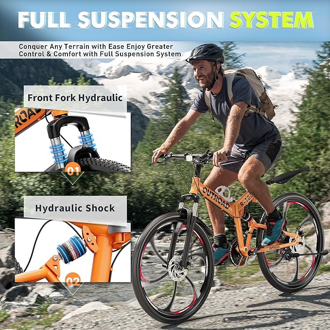 26 Inch Folding Mountain Bike, 21 Speed Full Suspension Bicycle Dual Disc Brake Non-Slip Quick Release tire for Adults Men Women(Balck/Pink/Green/Orange/White/Purple)
