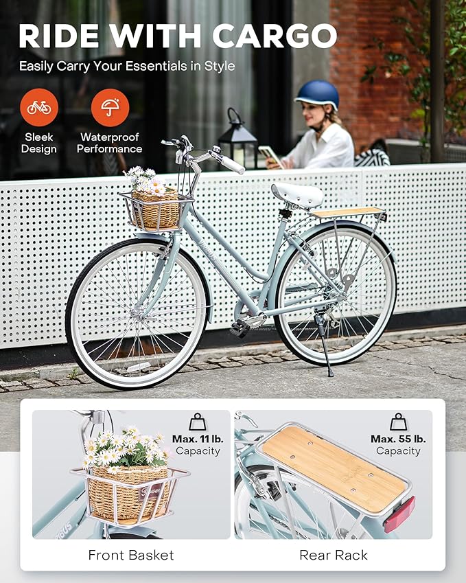 VIRIBUS Womens Hybrid Bike, 7 Speed Road Bike 28 inch for Women, 700C Adult Bicycle with Basket and Rack for Tall Ladies, Step Through City Retro Commuter Bicycle