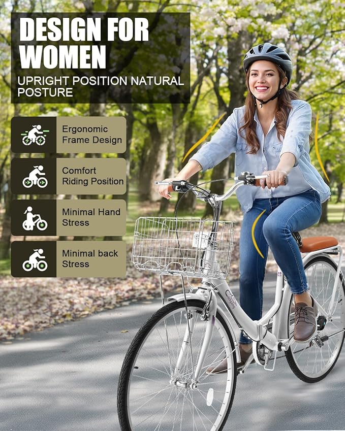 24/26 Inch Foldable Bike Folding Bicycle, 7 Speed Beach Cruiser Bike with Lock, Comfort Back Seat, Foldable Basket & Ergonomic Upright Frame, Cruiser Bicycle for Adults