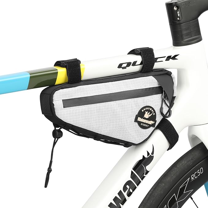 Rhinowalk Bike Frame Bag Waterproof Triangle Frame Storage Bag with Cable Port 1L Lightweight Bicycle Bag for Road Bike MTB Gravel Bike Compact Cycling Accessory with Pump Strap (White)