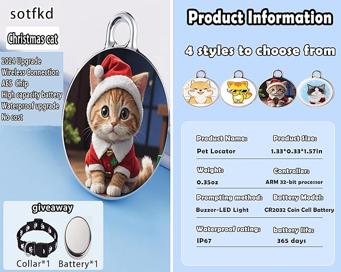 Christmas Cat Tracke Collar-GPS Tracker for Cats-Cat GPS Tracker-Pet Tracker| Android and iOS Universal | No Monthly Fee | Waterproof | Works with Any Collar