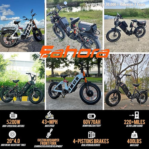 2026 eAhora Juliet Pro 2 EBike - Dual Motor 5400W/1200W 30-43MPH 60V 70Ah 200Mile Long Range Electric Bike for Adults, 20'' Fat Tire Fast Electric Mountain Bike Full Suspension Electric Bicycle
