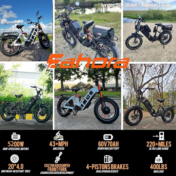 2026 eAhora Juliet Pro 2 EBike - Dual Motor 5400W/1200W 30-43MPH 60V 70Ah 200Mile Long Range Electric Bike for Adults, 20'' Fat Tire Fast Electric Mountain Bike Full Suspension Electric Bicycle