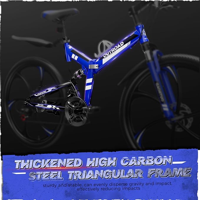 26 inch Folding Mountain Bike, Carbon Steel Frame and 21 Speed, Double Disc Brake and Dual Suspension Folding Bike for Adults/Men/Women, Easy Assembly Bicycle