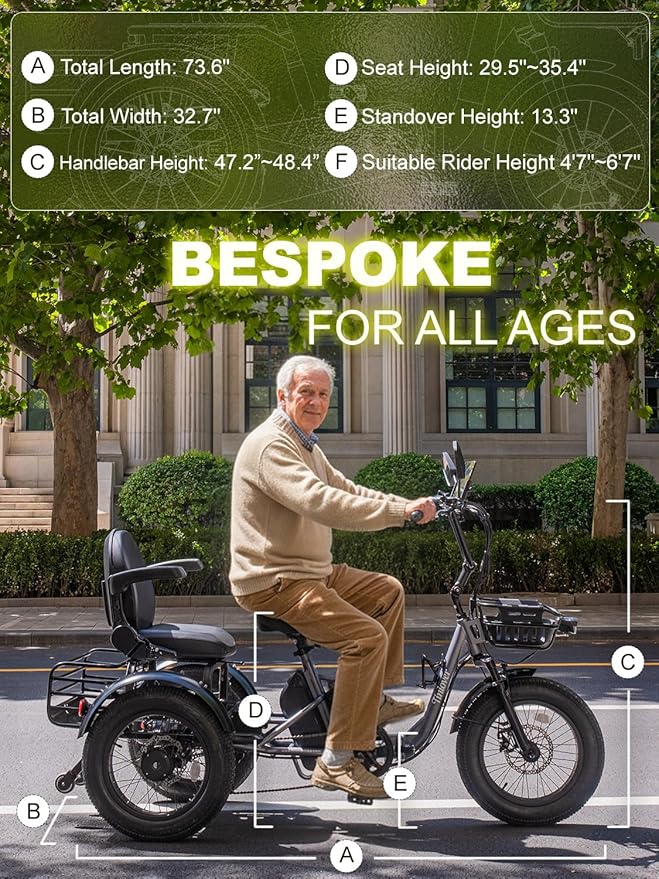 Folding Electric Tricycle for Adults 2 Seater, 22MPH 100 Miles 4" Wide Fat Tire Electric Trike, 3 Wheel Electric Bike 1200W, 48V 20AH Battery, 550LBS Load, Reverse, Parking, Differential, UL Certified